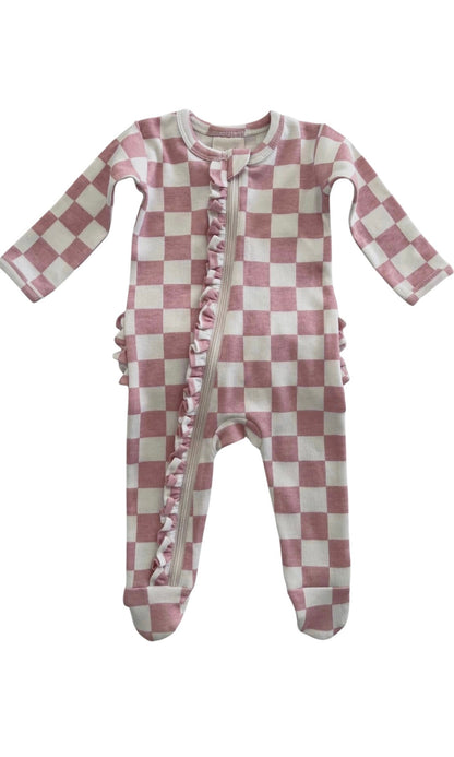 STRAWBERRY SHORTCAKE CHECKERBOARD ORGANIC FRILL ZIP FOOTIE