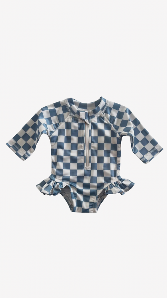 BLUEBERRY MUFFIN CHECKERBOARD SKIPPER RASHGUARD SWIMSUIT