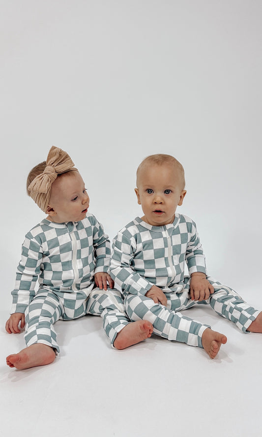 BLUEBERRY MUFFIN CHECKERBOARD ORGANIC TWO WAY ZIP ROMPER