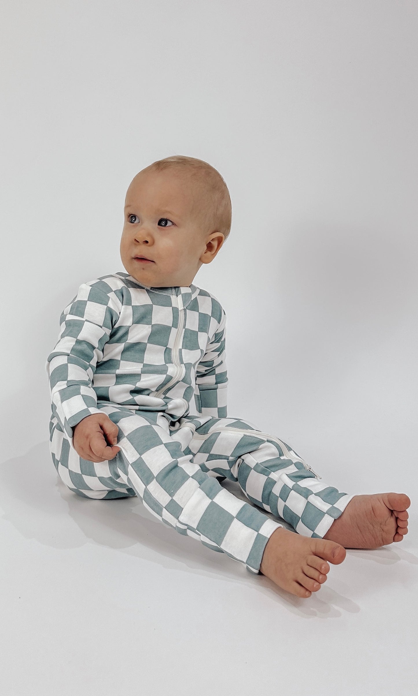 BLUEBERRY MUFFIN CHECKERBOARD ORGANIC TWO WAY ZIP ROMPER
