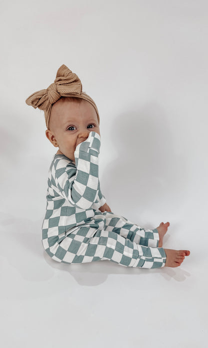 BLUEBERRY MUFFIN CHECKERBOARD ORGANIC TWO WAY ZIP ROMPER